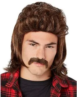 Spirit Halloween Brown Mullet Wig With Mustache